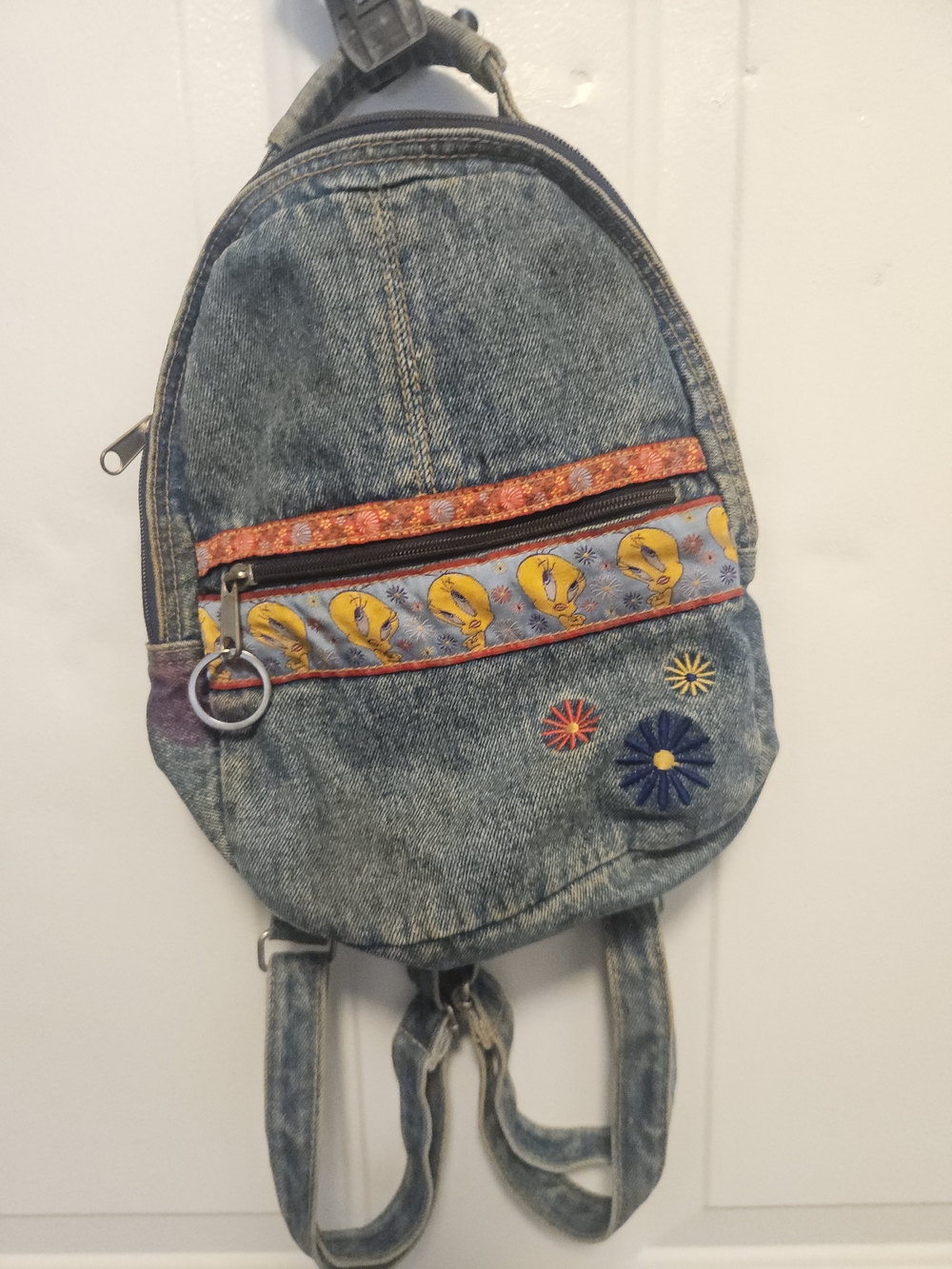 Vtg Denim Tweety Bird Embroidered Mini Backpack